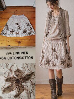 Beige Linen Blend Skirt XL Boho A-Line Elastic Waist Made in Canada Lagenlook